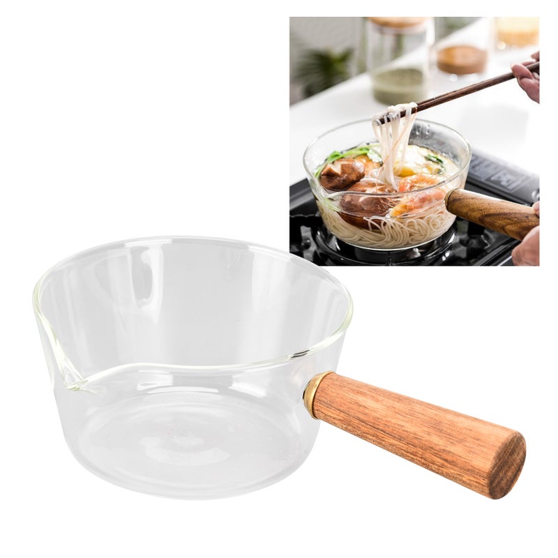 Glass Milk Pot with Wooden Handle V Shaped Spout Noodles Saucepan Home Kitchen Cookware Accessory400ml - Image 2