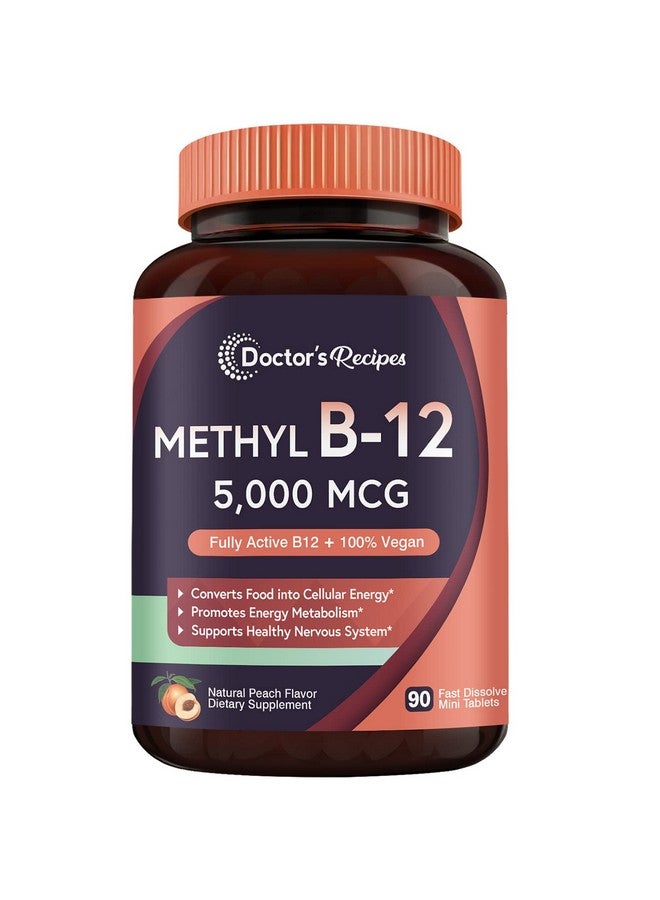 وصفات الطبيب فيتامين ب12، ميثيل كوبالامين 5000 ميكروجرام، 90 قرص سريع الذوبان، نكهة الخوخ الطبيعية، ميثيل نباتي، استقلاب الطاقة والجهاز العصبي
