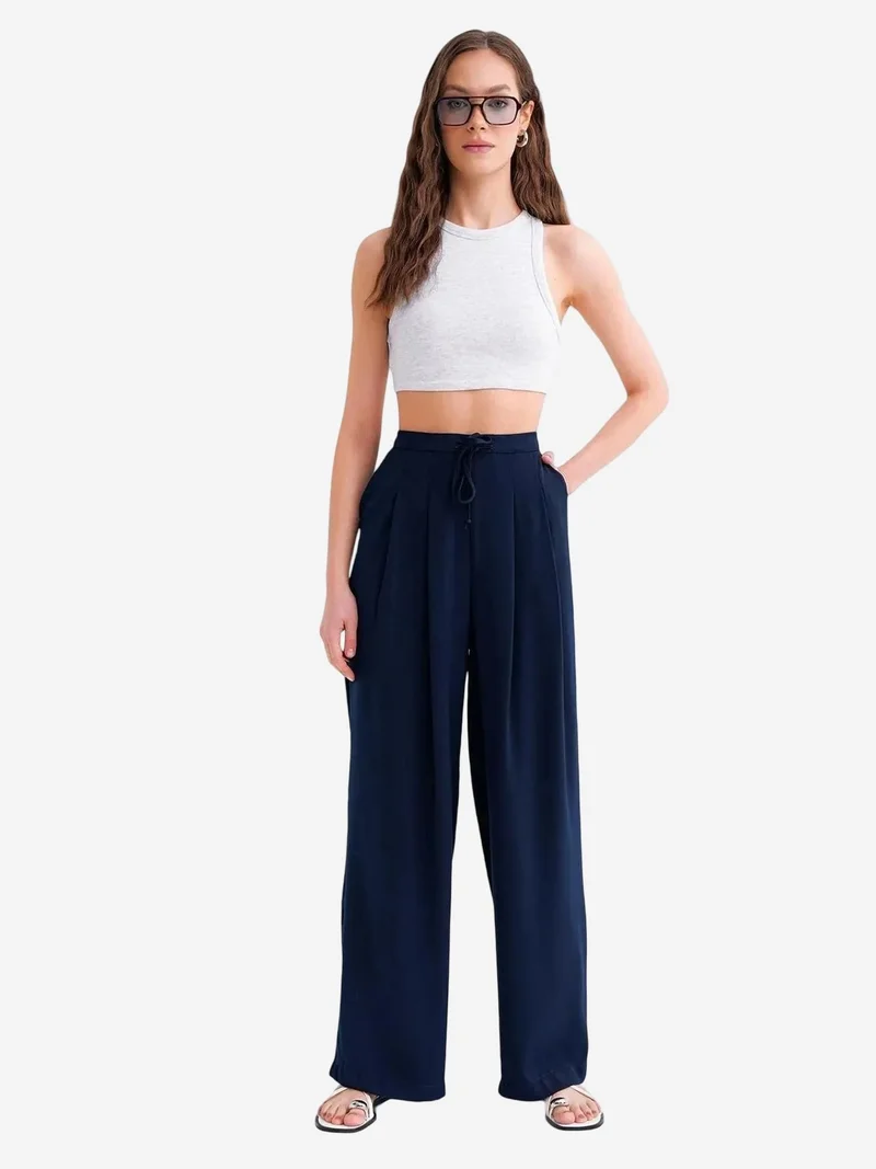 Mixray Navy Blue Mixray High Waist Pleated Palazzo Pants for Women | Best Price UAE