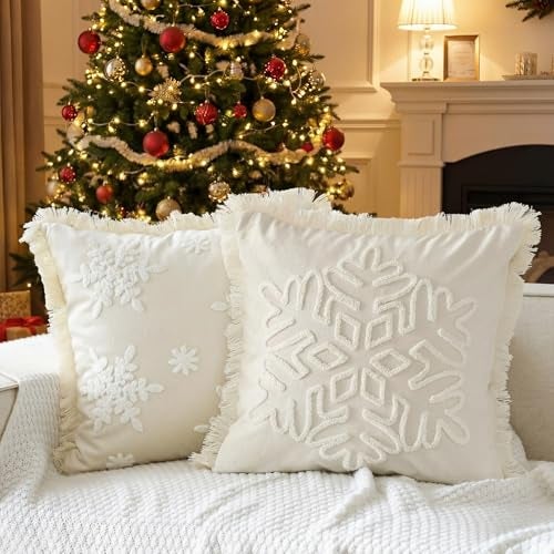 VitalCozy Set of 2 Velvet Christmas Pillow Covers 18x18 Inch Fringe Snowflake Embroidery Pillowcase Dutch Velvet Boho Cotton Throw Pillow Covers for Couch Sofa Bed Winter Holiday Xmas Home - Image 1