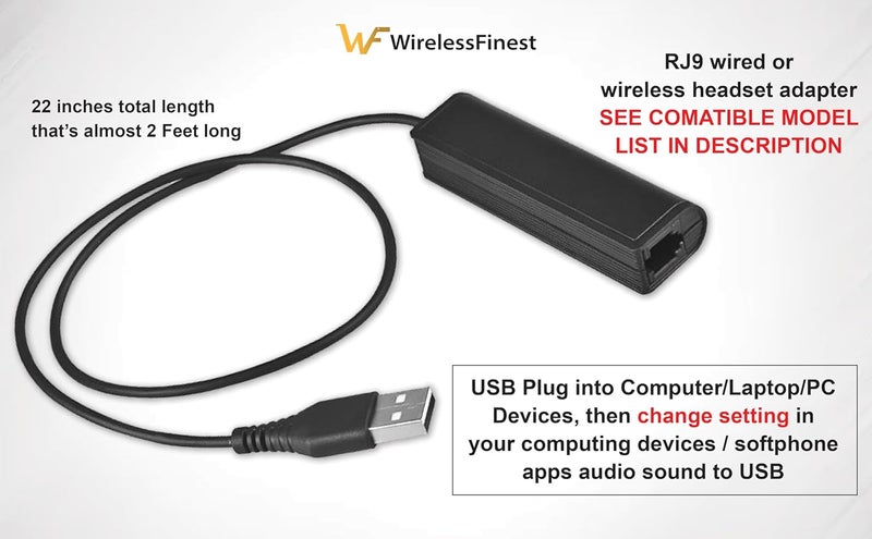 WirelessFinest محول RJ9 إلى USB لسماعات الرأس متوافق مع سماعات Plantronics وJabra وSennheiser اللاسلكية DECT للاستخدام مع أجهزة الكمبيوتر PC واللابتوب Mac والأجهزة اللوحية Windows Softphones. - Image 2