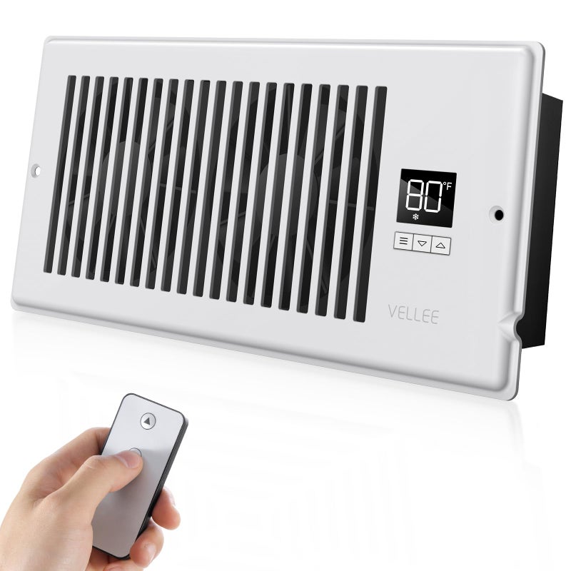 VELLEE Quiet Register Booster Fan Fits 4" x 10" (DUCT OPENING CUTOUT), 10-Speed Smart Heating Cooling AC Vent Booster Fan w/Remote Control & Thermostat Control (Vertical Grille - White) - Corded - Image 1