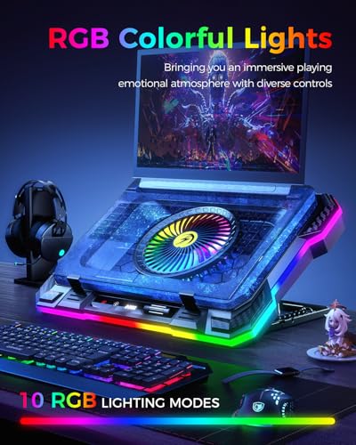 KeiBn Gaming Laptop Cooling Pad, Laptop Fan Cooling Pad with 5.5inch RGB External Fan, Rapid Cooling Laptop 15.6-19.3inch, 8 Height Stands, 2 USB Ports, Phone Holder-K1 5V RGB - Image 4