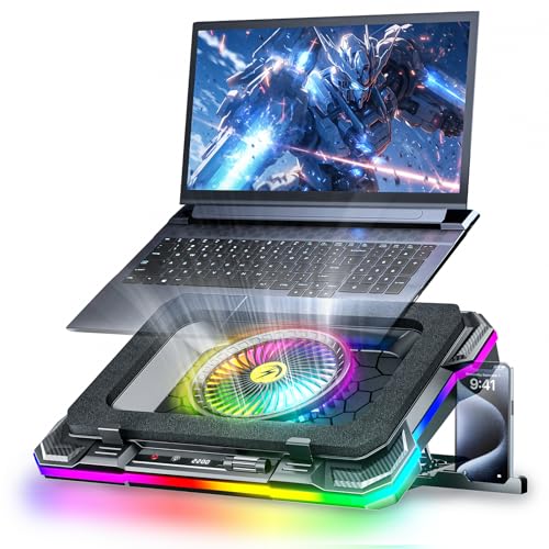 KeiBn Gaming Laptop Cooling Pad, Laptop Fan Cooling Pad with 5.5inch RGB External Fan, Rapid Cooling Laptop 15.6-19.3inch, 8 Height Stands, 2 USB Ports, Phone Holder-K1 5V RGB - Image 1