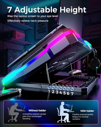 KeiBn Gaming Laptop Cooling Pad, Laptop Fan Cooling Pad with 5.5inch RGB External Fan, Rapid Cooling Laptop 15.6-19.3inch, 8 Height Stands, 2 USB Ports, Phone Holder-K1 5V RGB - Image 3