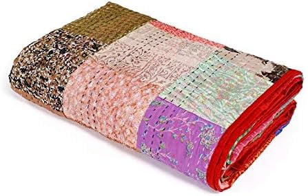 BOHEKANT Handicraft Silk Kantha Quilt Kantha Bed Cover Kantha Blanket Throw Handmade Kantha Bedspread01 King 108x108 inches Indian King Size Double Bed - Image 2