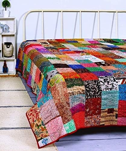 BOHEKANT Handicraft Silk Kantha Quilt Kantha Bed Cover Kantha Blanket Throw Handmade Kantha Bedspread01 King 108x108 inches Indian King Size Double Bed - Image 1