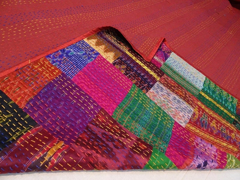 BOHEKANT Handicraft Silk Kantha Quilt Kantha Bed Cover Kantha Blanket Throw Handmade Kantha Bedspread01 King 108x108 inches Indian King Size Double Bed - Image 3
