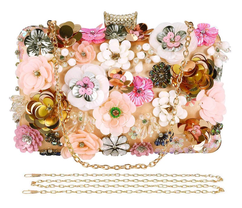 Selighting Colorful Floral Clutch Evening Bags for Women Formal Beaded Bridal Wedding Purse Prom Cocktail Party Handbags Champagne - Image 1