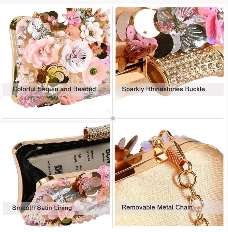 Selighting Colorful Floral Clutch Evening Bags for Women Formal Beaded Bridal Wedding Purse Prom Cocktail Party Handbags Champagne - Image 5