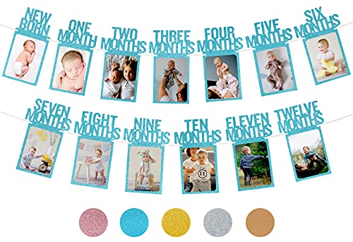 PartyHooman 1st Birthday Photo Banner for Baby from Newborn to 12 Months First Birthday Decorations for Boys Monthly Milestones Garland First Photo Banner Prestrung with Frame Blue - Image 1