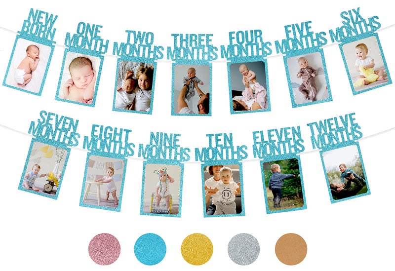 PartyHooman 1st Birthday Photo Banner for Baby from Newborn to 12 Months First Birthday Decorations for Boys Monthly Milestones Garland First Photo Banner Prestrung with Frame Blue - Image 2