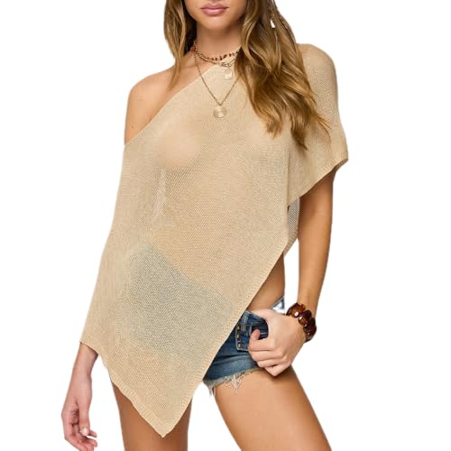 Mieeyali Women Sheer Knit Poncho Y2K Lightweight Asymmetric Shrug Bolero Cover Up Tops Trendy See Through Pullover Sweaters (Light brown, ONE SIZE) - Image 1