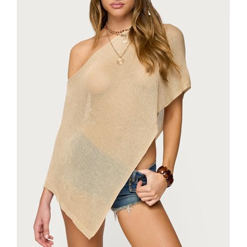 Mieeyali Women Sheer Knit Poncho Y2K Lightweight Asymmetric Shrug Bolero Cover Up Tops Trendy See Through Pullover Sweaters (Light brown, ONE SIZE) - Image 2