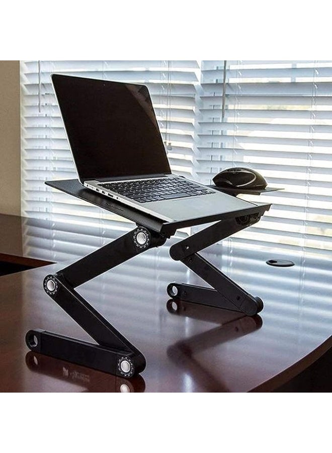 طاولة لابتوب قابلة للتعديل والطي مع لوحة ماوس ومروحة USB، حامل لابتوب محمول للاستخدام على السرير والأريكة والمكتب، تصميم يدور 360 درجة - Image 1