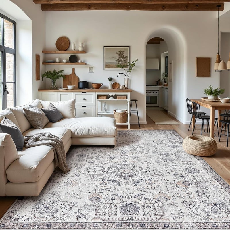 jinchan Area Rug 366x274CM Washable Vintage Carpet Indoor Thin Rug Distressed Mat Grey Multi Floral Print Country Boho Non Slip for Kitchen Bedroom Living Room Dining Room Office - Image 2
