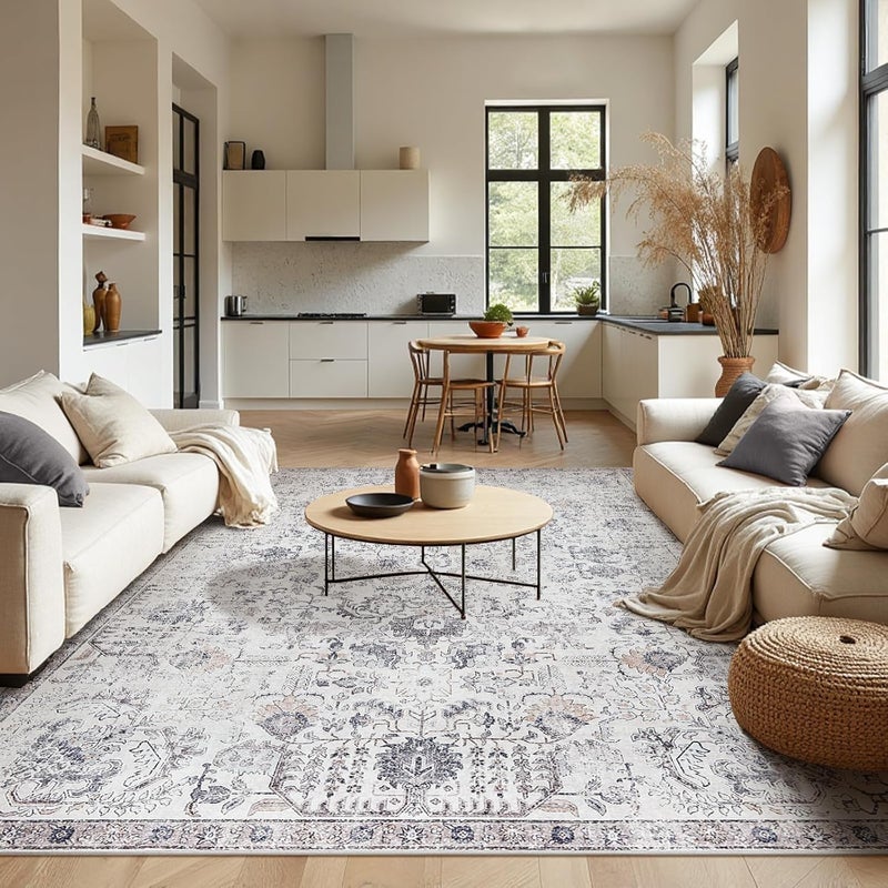 jinchan Area Rug 366x274CM Washable Vintage Carpet Indoor Thin Rug Distressed Mat Grey Multi Floral Print Country Boho Non Slip for Kitchen Bedroom Living Room Dining Room Office - Image 1