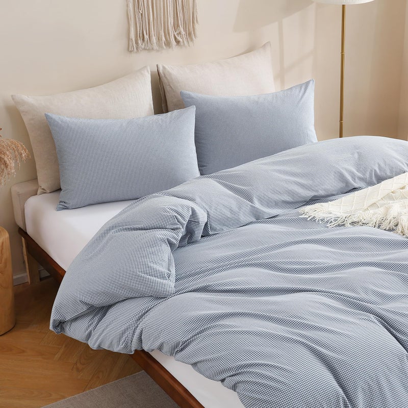 TOCOMOA Mini Gingham Blue Duvet Cover Bedding Set 100% Washed Cotton Like Linen Feel Super Soft Comfortable 3 Piece Small Plaid Checkered Comforter Cover Set (King 104"x90", Comforter Not Included) - Image 4