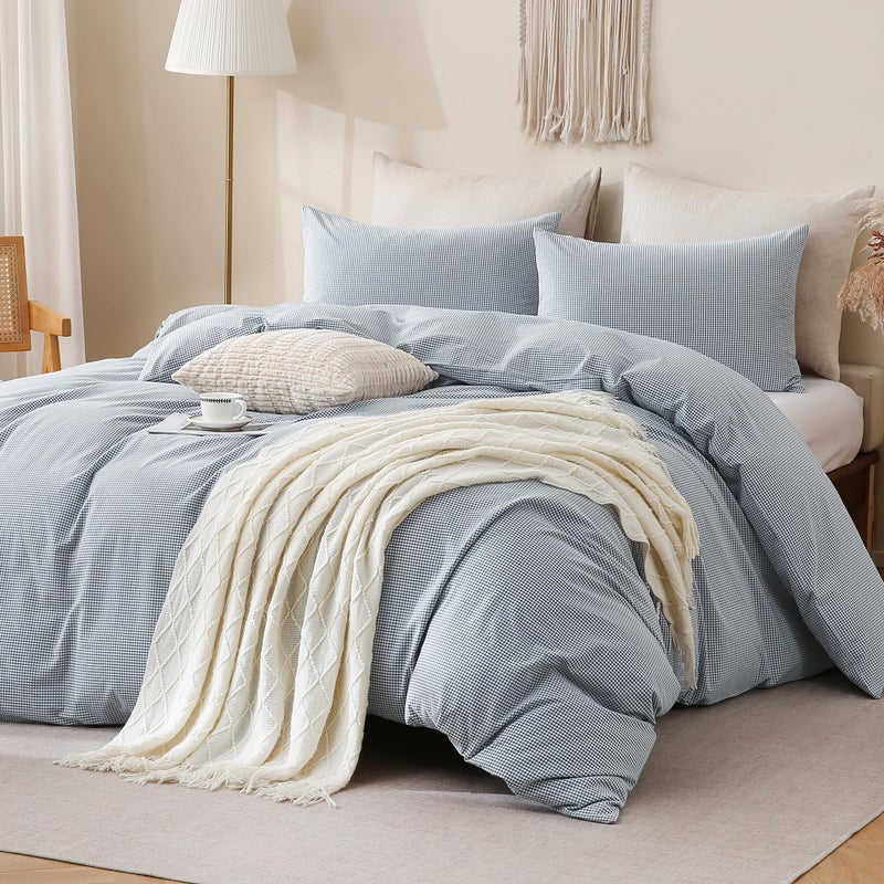 TOCOMOA Mini Gingham Blue Duvet Cover Bedding Set 100% Washed Cotton Like Linen Feel Super Soft Comfortable 3 Piece Small Plaid Checkered Comforter Cover Set (King 104"x90", Comforter Not Included) - Image 2