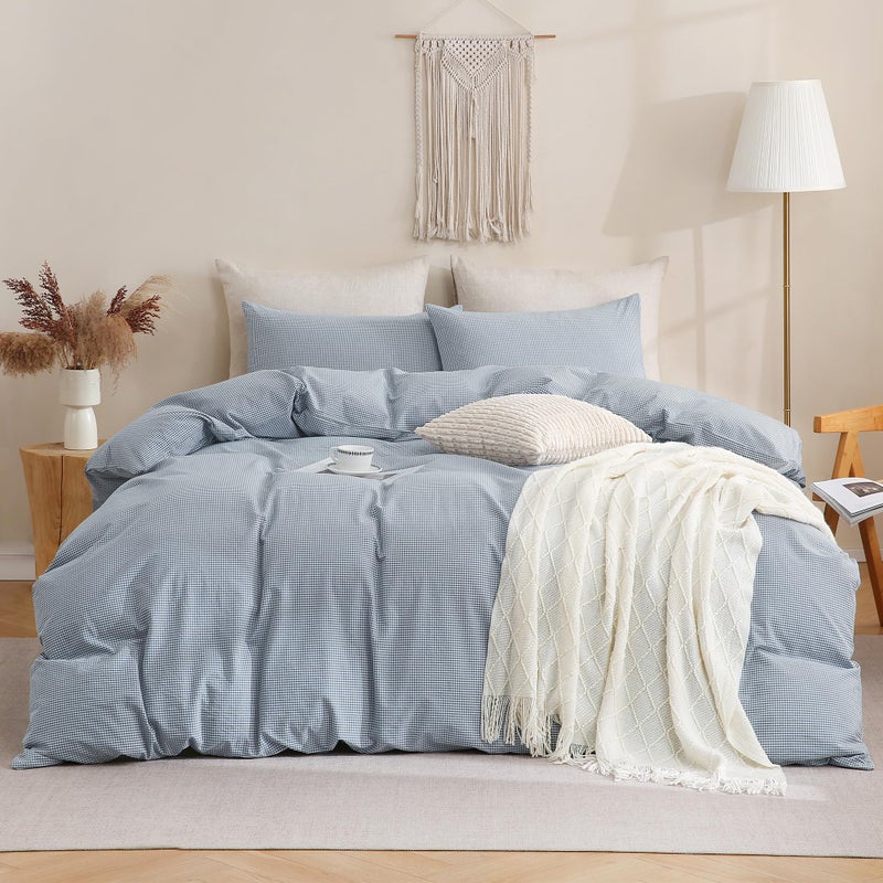 TOCOMOA Mini Gingham Blue Duvet Cover Bedding Set 100% Washed Cotton Like Linen Feel Super Soft Comfortable 3 Piece Small Plaid Checkered Comforter Cover Set (King 104"x90", Comforter Not Included) - Image 3