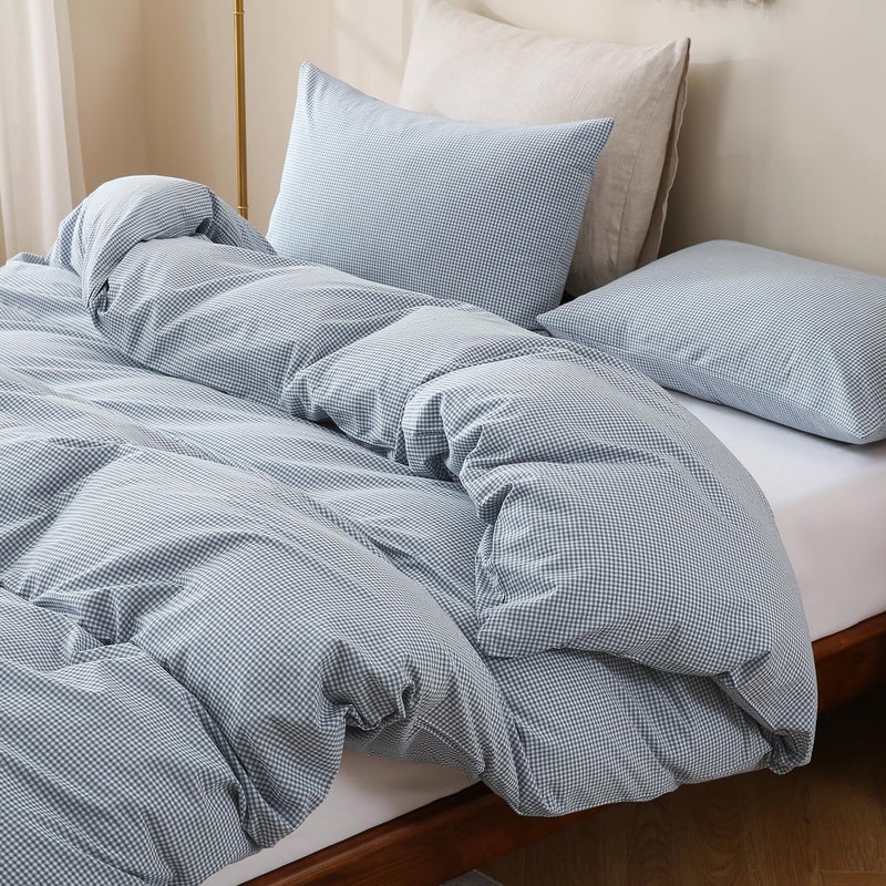 TOCOMOA Mini Gingham Blue Duvet Cover Bedding Set 100% Washed Cotton Like Linen Feel Super Soft Comfortable 3 Piece Small Plaid Checkered Comforter Cover Set (King 104"x90", Comforter Not Included) - Image 1