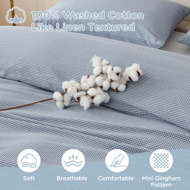 TOCOMOA Mini Gingham Blue Duvet Cover Bedding Set 100% Washed Cotton Like Linen Feel Super Soft Comfortable 3 Piece Small Plaid Checkered Comforter Cover Set (King 104"x90", Comforter Not Included) - Image 5