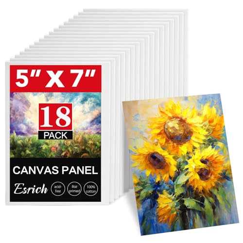 ESRICH 5x7IN لوحات قماش صغيرة للرسم، 18 قطعة من ألواح القماش الصغيرة 100% قطن قماش رسم مبدئي خالي من الحمض لوحات قماش بيضاء صغيرة للرسم بالزيت، الألوان المائية، الأكريليك، الجواش والتيمبرا. - Image 1