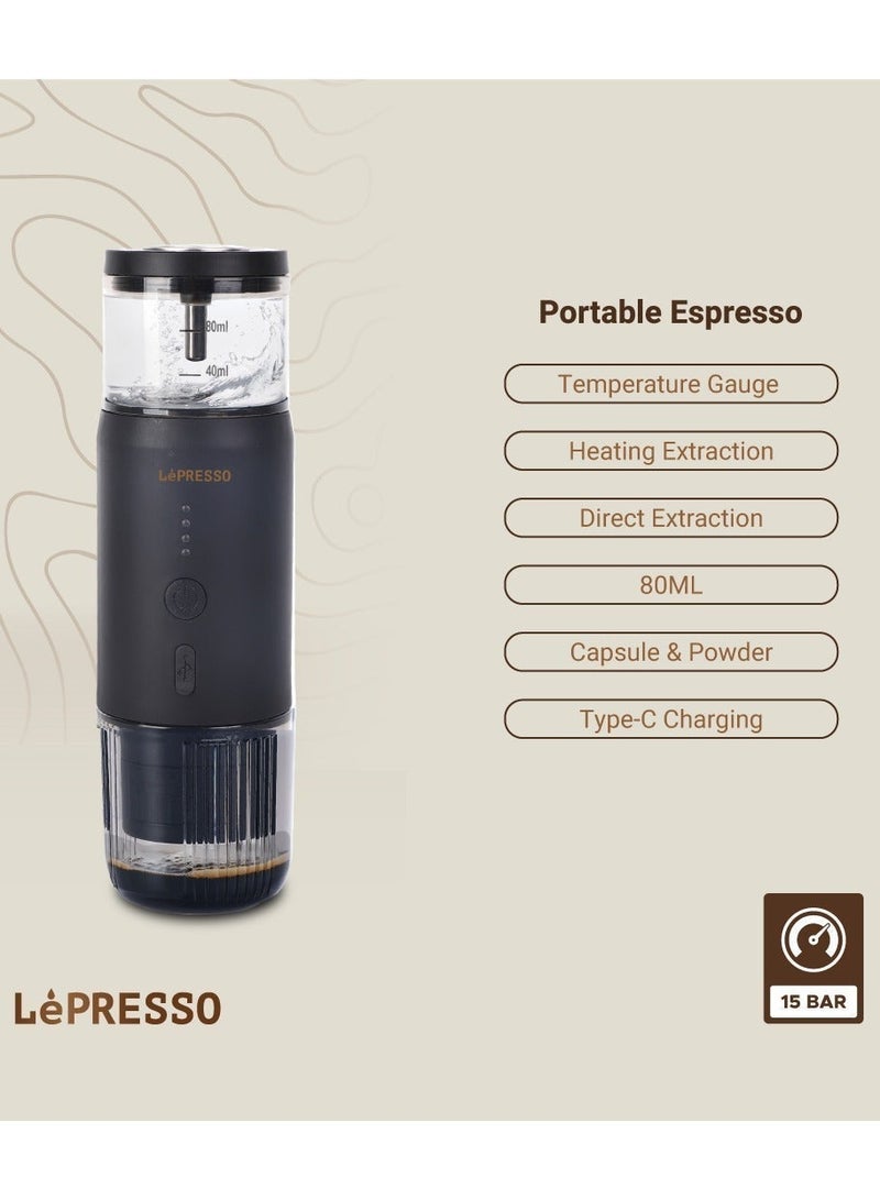 LePRESSO Portable Espresso Coffee Machine with 15 Bar Pressure, 80ml Water Tank, 135W Power, Temperature Gauge, Nespresso Capsule & Ground Coffee Powder Intake, Best Espresso Maker for Camping & Travel - Black - Image 2
