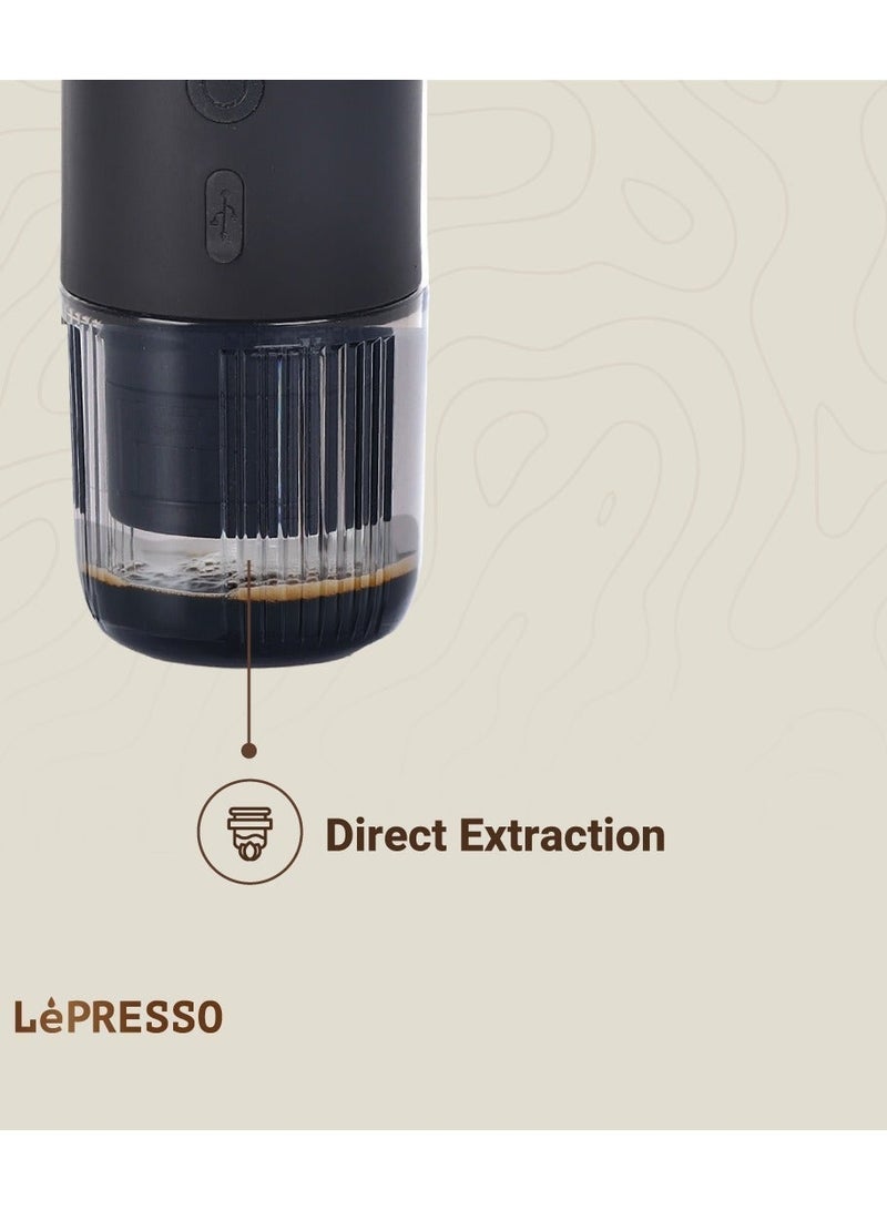 LePRESSO Portable Espresso Coffee Machine with 15 Bar Pressure, 80ml Water Tank, 135W Power, Temperature Gauge, Nespresso Capsule & Ground Coffee Powder Intake, Best Espresso Maker for Camping & Travel - Black - Image 5