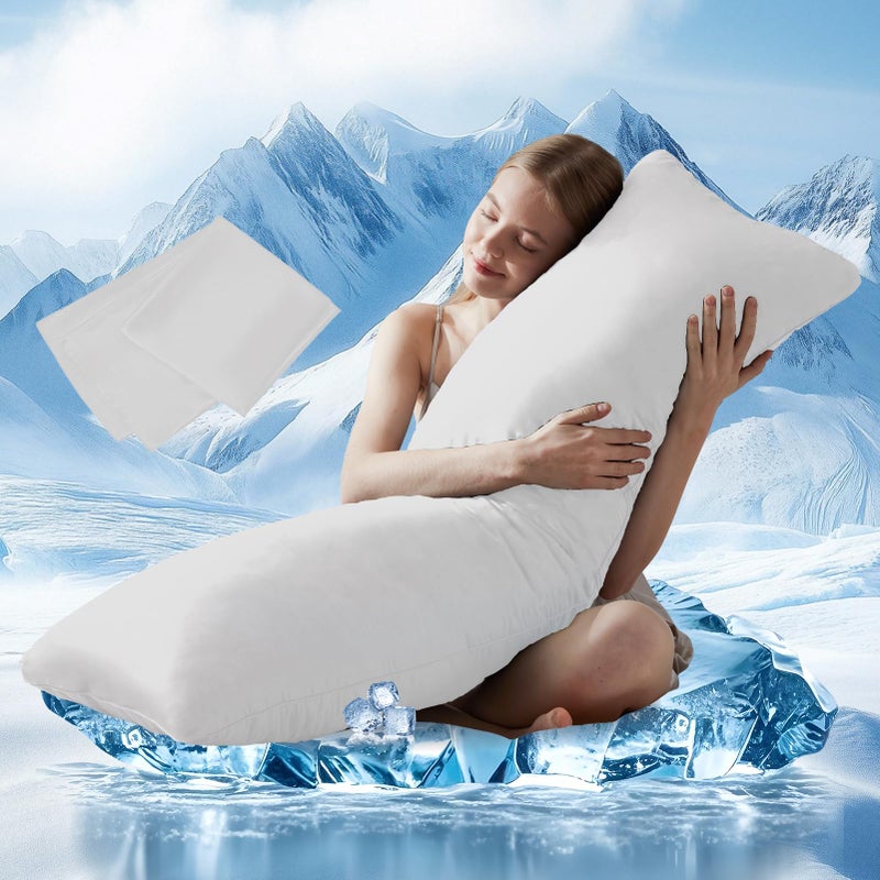 DOWNCOOL Large Body Pillow Insert with Cooling Cover - Soft Long Bed Pillow for Summer - Breathable Full Body Pillow for Adults - 20x54 inch (White, with Cover) - Image 1