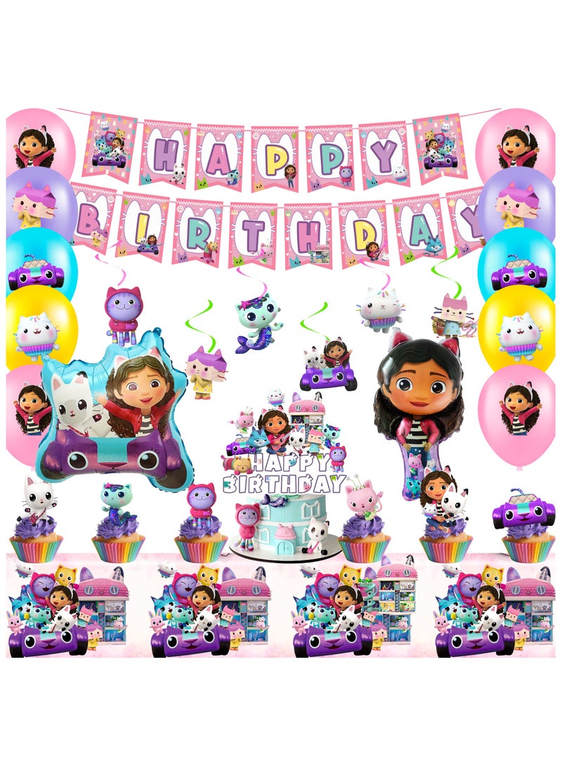 حفلة مثمرة لوازم حفلات بيت الدمى غابي، مجموعة زينة غابي 35 قطعة - لافتة عيد ميلاد بيت الدمى غابي، زينة كعكة، مفرش طاولة، بالونات، زينة معلقة، زينة كب كيك، إلخ. زينة عيد ميلاد بيت الدمى غابي - Image 1