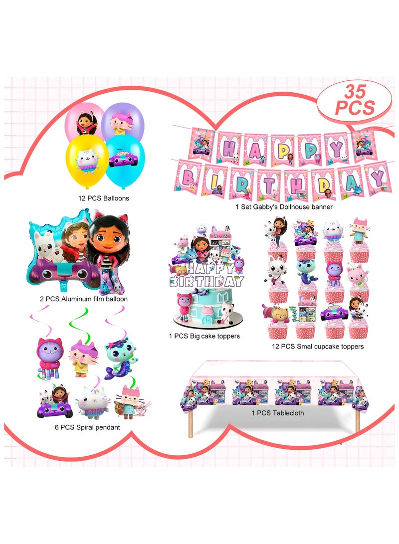 حفلة مثمرة لوازم حفلات بيت الدمى غابي، مجموعة زينة غابي 35 قطعة - لافتة عيد ميلاد بيت الدمى غابي، زينة كعكة، مفرش طاولة، بالونات، زينة معلقة، زينة كب كيك، إلخ. زينة عيد ميلاد بيت الدمى غابي - Image 2