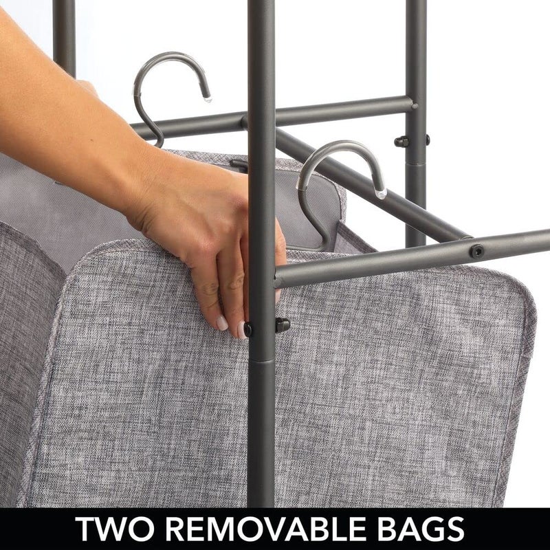 mDesign Vertical Stacked Laundry Hamper Basket with Wheels, Portable, 2 Removable Bags for Organizing Clothes, Laundry, Lights, Darks - Strong Metal Frame - Dark Gray - Image 4