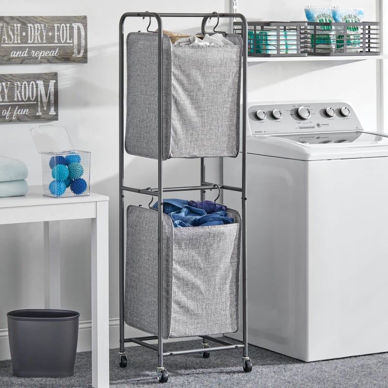 mDesign Vertical Stacked Laundry Hamper Basket with Wheels, Portable, 2 Removable Bags for Organizing Clothes, Laundry, Lights, Darks - Strong Metal Frame - Dark Gray - Image 2