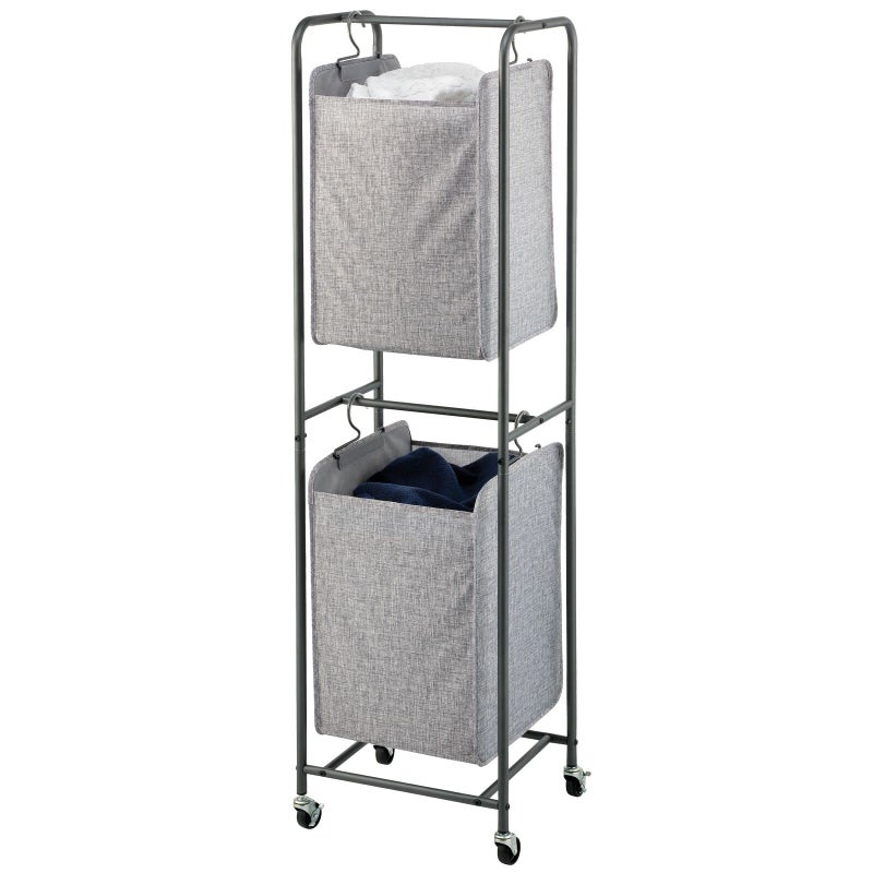 mDesign Vertical Stacked Laundry Hamper Basket with Wheels, Portable, 2 Removable Bags for Organizing Clothes, Laundry, Lights, Darks - Strong Metal Frame - Dark Gray - Image 1