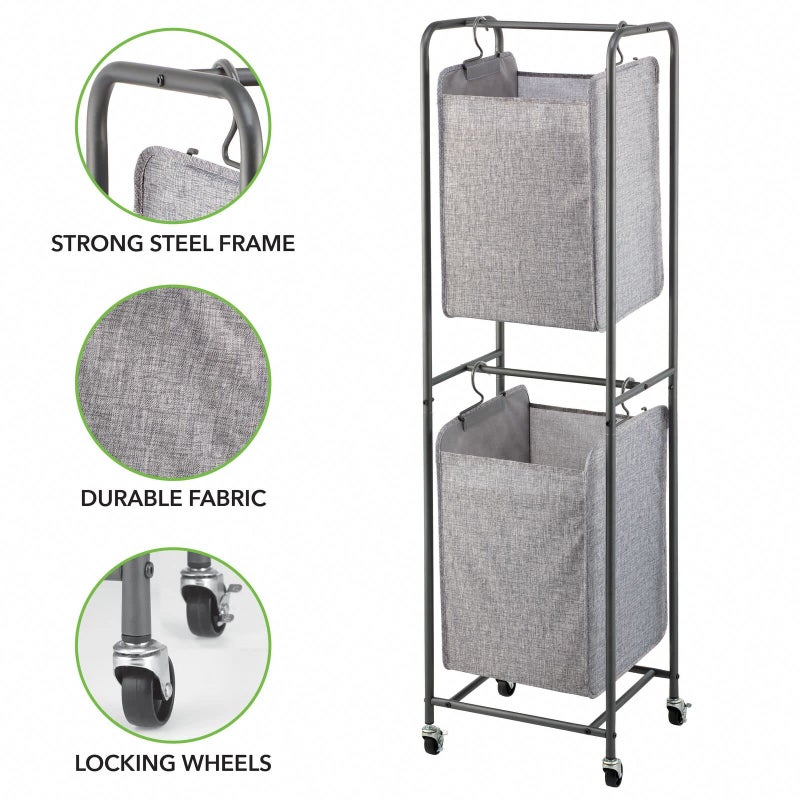 mDesign Vertical Stacked Laundry Hamper Basket with Wheels, Portable, 2 Removable Bags for Organizing Clothes, Laundry, Lights, Darks - Strong Metal Frame - Dark Gray - Image 5