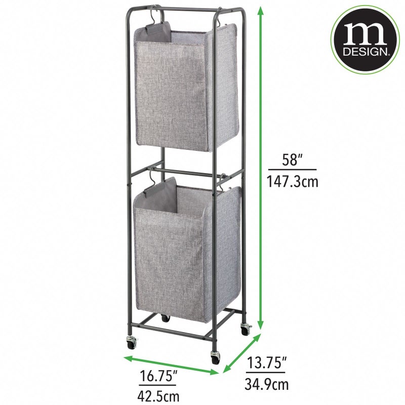 mDesign Vertical Stacked Laundry Hamper Basket with Wheels, Portable, 2 Removable Bags for Organizing Clothes, Laundry, Lights, Darks - Strong Metal Frame - Dark Gray - Image 3