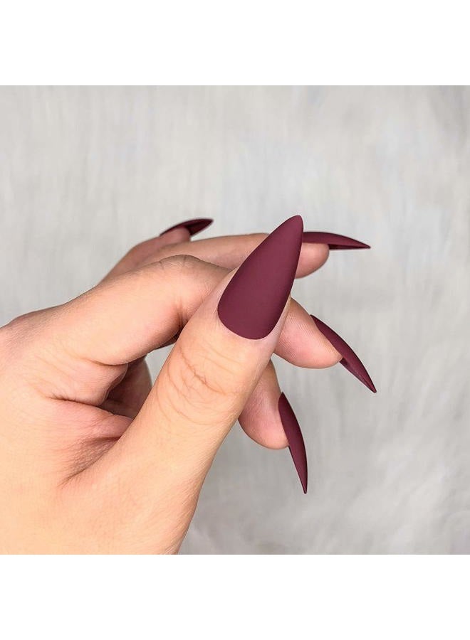 Morily 24pcs Fake Nails Matte Pure Color Medium Long Stiletto Almond Press on Nail False Tips Artificial Finger Manicure for Women (Wine Red) - Image 5