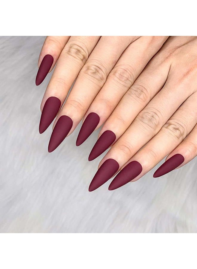 Morily 24pcs Fake Nails Matte Pure Color Medium Long Stiletto Almond Press on Nail False Tips Artificial Finger Manicure for Women (Wine Red) - Image 1