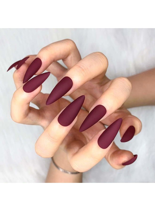 Morily 24pcs Fake Nails Matte Pure Color Medium Long Stiletto Almond Press on Nail False Tips Artificial Finger Manicure for Women (Wine Red) - Image 2