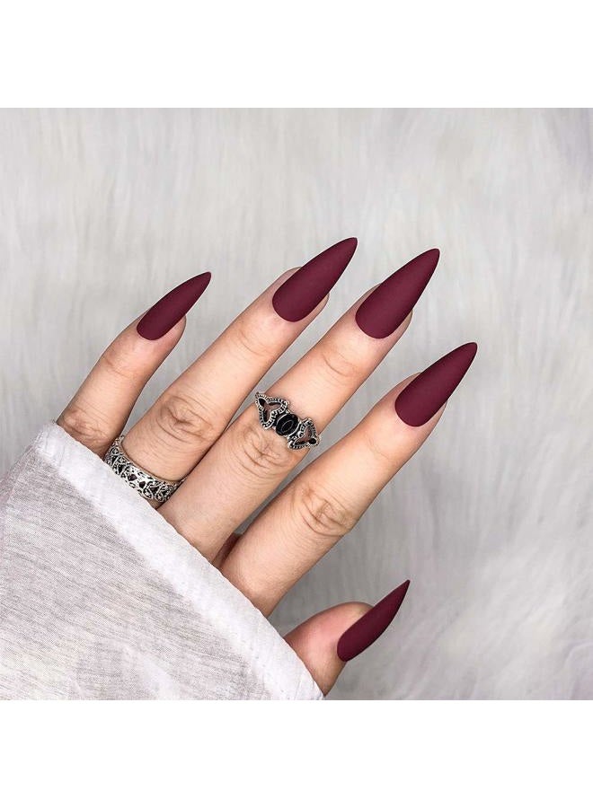 Morily 24pcs Fake Nails Matte Pure Color Medium Long Stiletto Almond Press on Nail False Tips Artificial Finger Manicure for Women (Wine Red) - Image 4