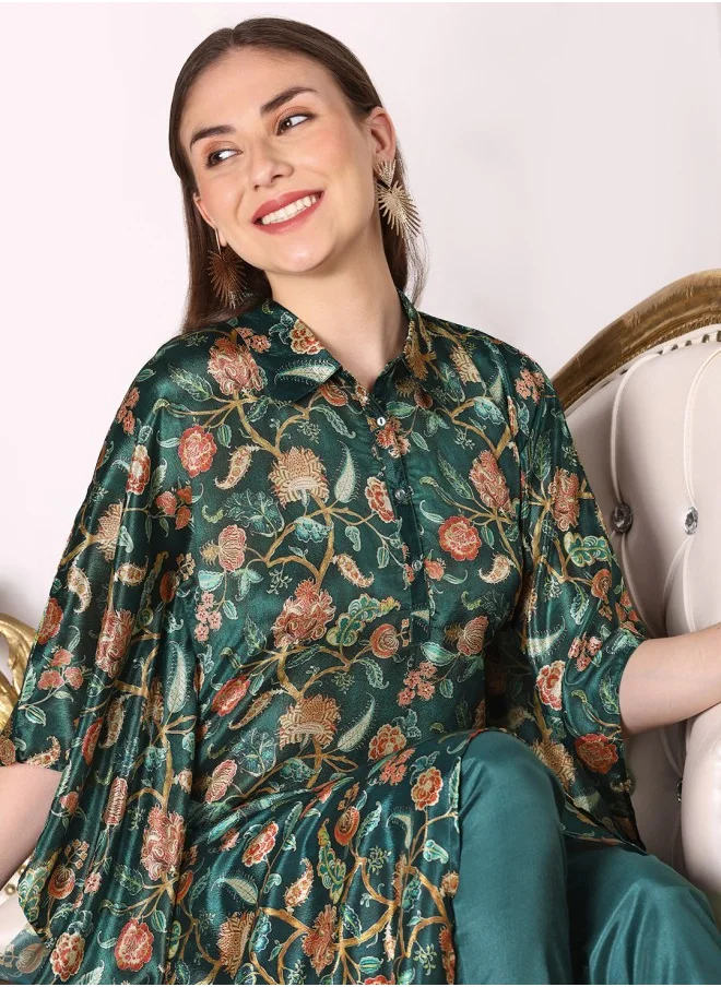 آي شين Green Floral Printed Asymmetric Kimono Sleeve Kaftan Kurta With Trousers