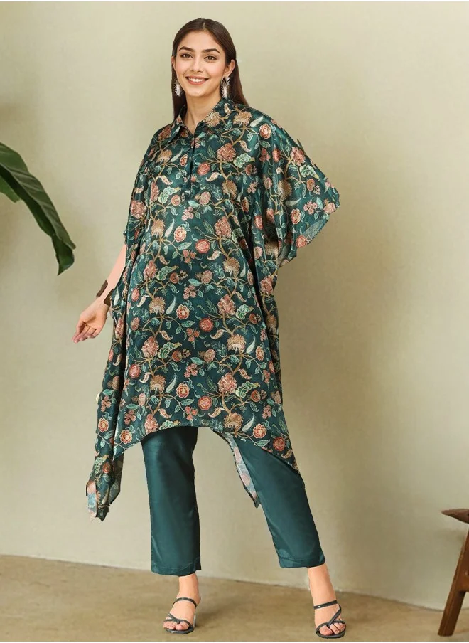 آي شين Kaftan Fit Printed Pattern Round Neck Three-Quarter Sleeves Green Colour Knitted Cotton Kurta Set for Women with Semi Elastic Closure - A Must-Have for Every Wardrobe