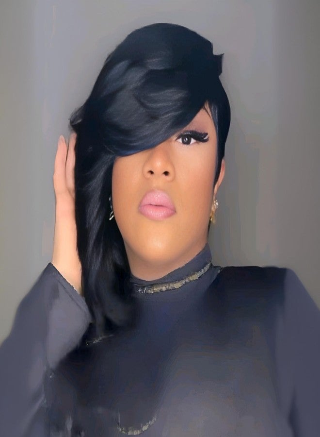 PangDongLai باندونغلاي 10A شعر مستعار قصير للنساء السود  موديل طول أنيق قصير مع طبقات وقصة شعر بيكسي مع غرة من شعر بشري برازيلي نقي باللون الأسود الطبيعي 1b - Image 4