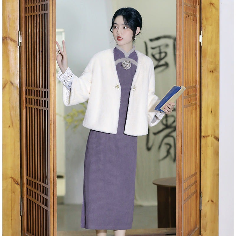 Autumn and Winter 2023 Chinese Style Daily Republic Style Improved Cheongsam Young Girl Style Temperament Inverted Big Sleeve dress Milky White Coat