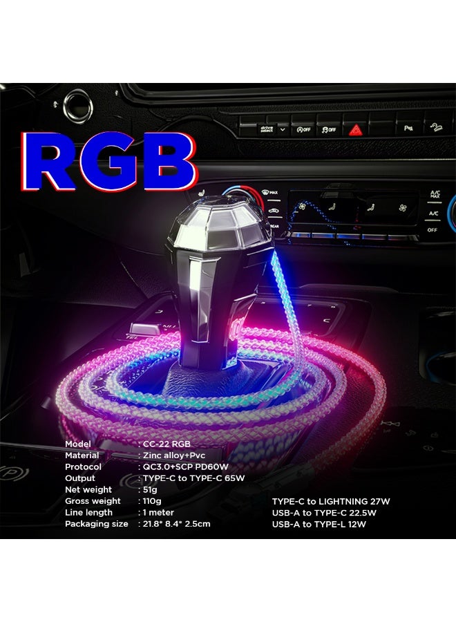 توبيز كابل بيانات Toby’s Professional CC-22 RGB مضفر من النايلون - يدعم الشحن السريع بقدرة 65 واط، خيارات متعددة: USB-C إلى USB-C (65 واط)، USB-C إلى Lightning (22.5 واط)، USB إلى USB-C (12 واط)، USB إلى Lightning (12 واط) مع إضاءة LED RGB - تصميم متين مقاوم للتشابك - Image 3