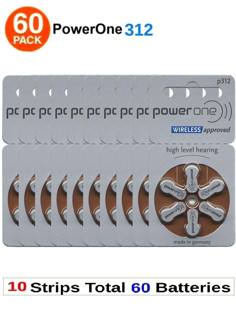 Power One 1.45V Original High Level Hearing Aid Batteries PowerOne P312 Pack Of 60 Pieces (German)  - Image 1