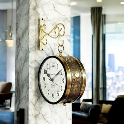 Vintage Clock Handcrafted Double Side Analog Wall Clock 1 Year Warranty / 65091-8-FHH, Iron, 20x20 cm, Two Side English Numbers, shiny Gold - Image 1