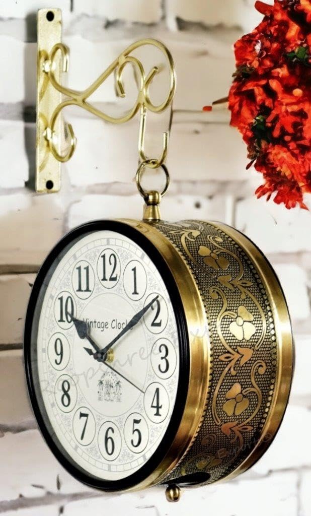 Vintage Clock Handcrafted Double Side Analog Wall Clock 1 Year Warranty / 65091-8-FHH, Iron, 20x20 cm, Two Side English Numbers, shiny Gold - Image 4