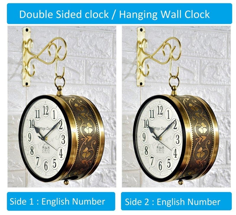 Vintage Clock Handcrafted Double Side Analog Wall Clock 1 Year Warranty / 65091-8-FHH, Iron, 20x20 cm, Two Side English Numbers, shiny Gold - Image 2